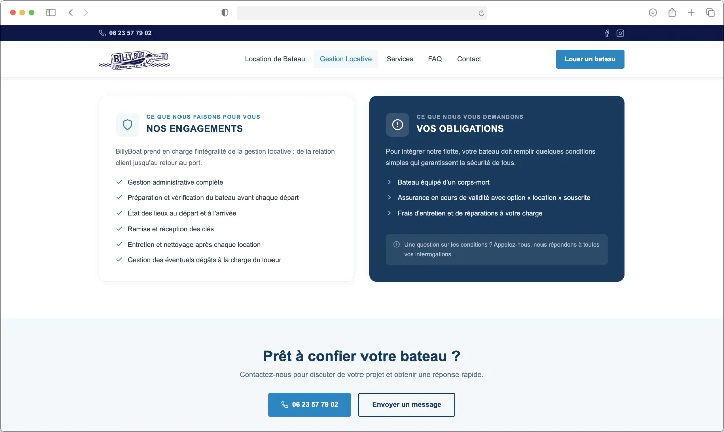 Page gestion locative du site Billy Boat