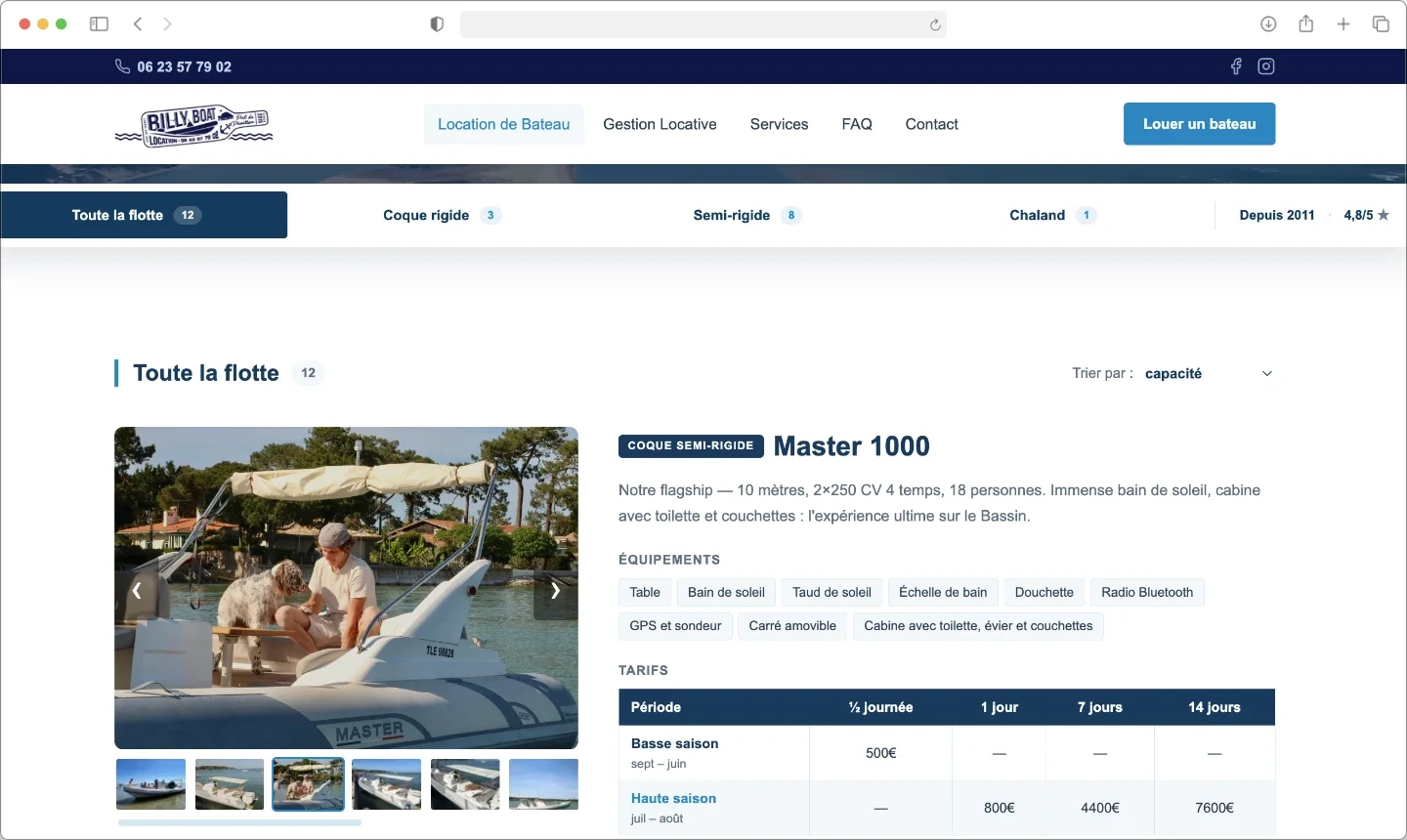 Page location de bateaux du site Billy Boat