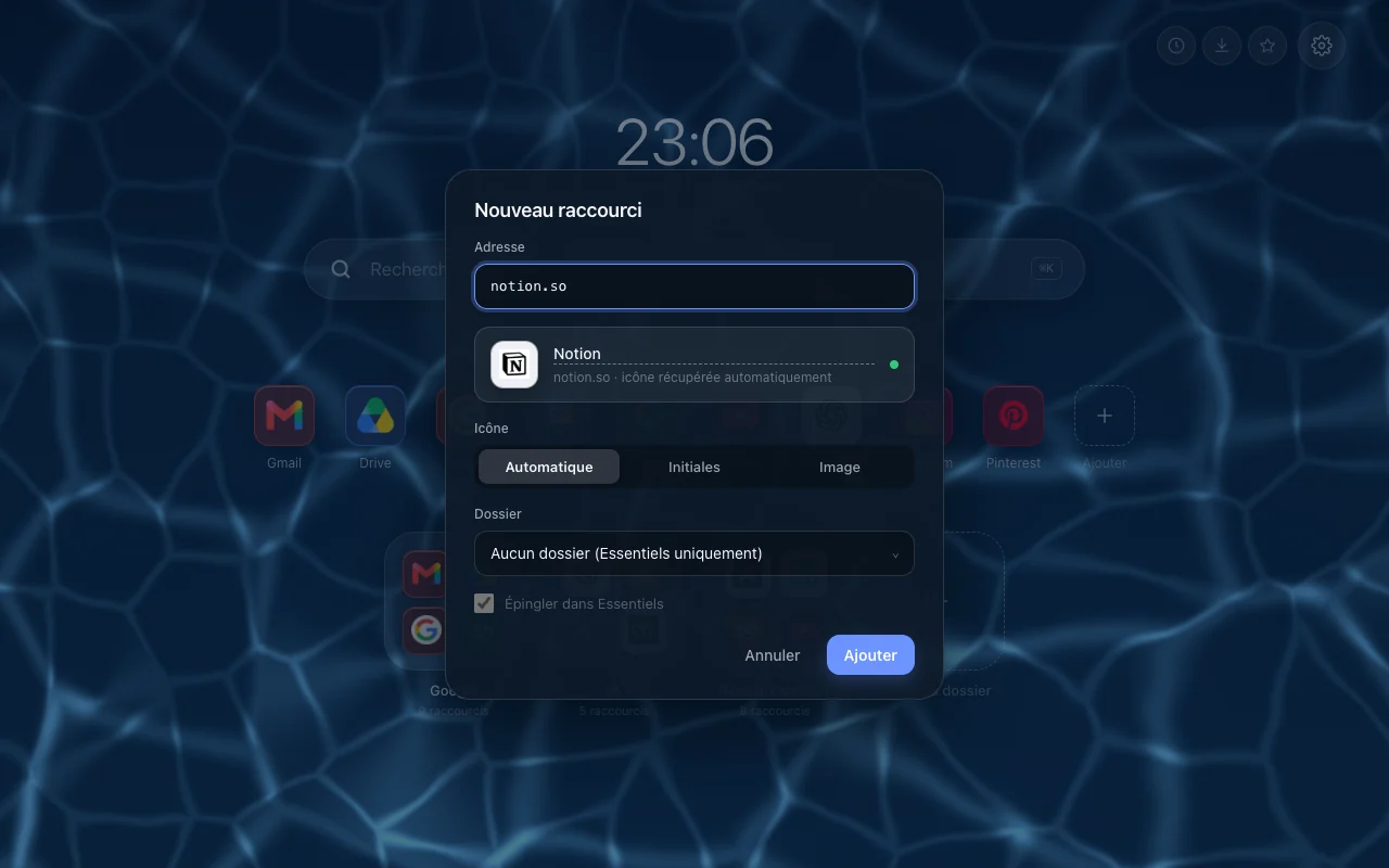 Ajout d'un raccourci dans Hoome, sur un fond animé calculé en WebGL
